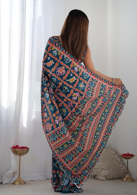 Multi Colour Mirror Work Chinnon Saree Set