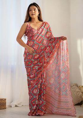 Red Mirror Work Chinnon Saree Set