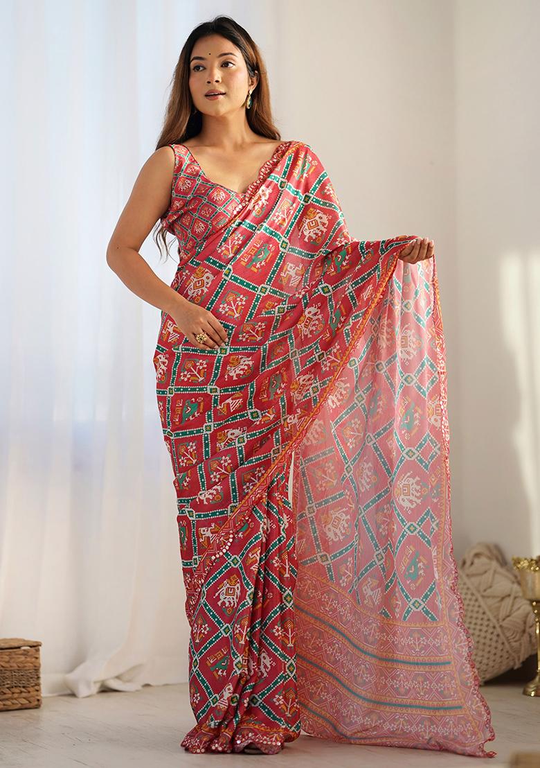 Red Mirror Work Chinnon Saree Set