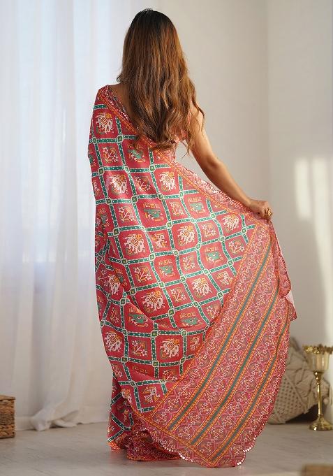 Red Mirror Work Chinnon Saree Set