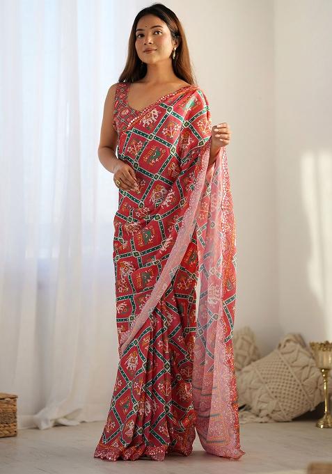 Red Mirror Work Chinnon Saree Set