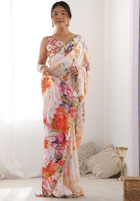 White Mirror Work Chinnon Saree Set