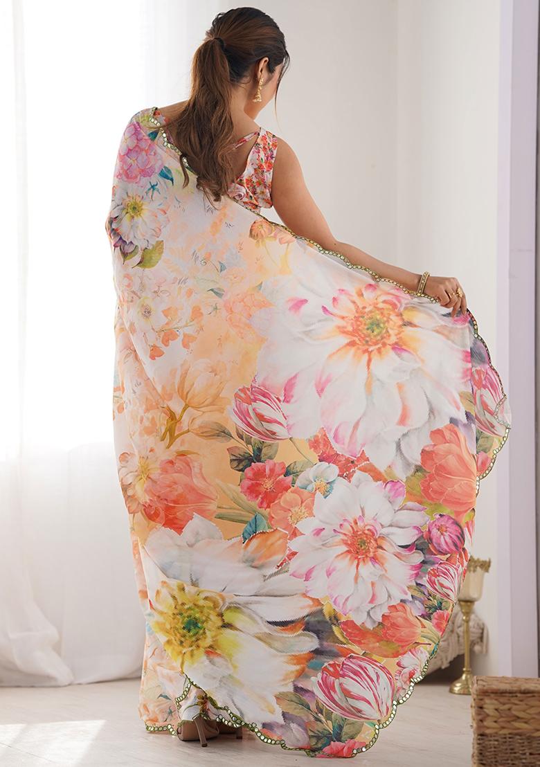 White Mirror Work Chinnon Saree Set