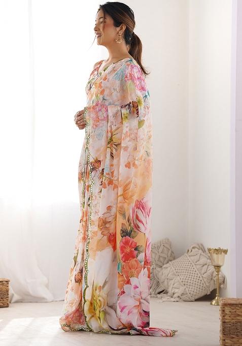 White Mirror Work Chinnon Saree Set