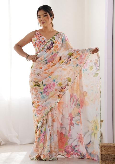 White Mirror Work Chinnon Saree Set