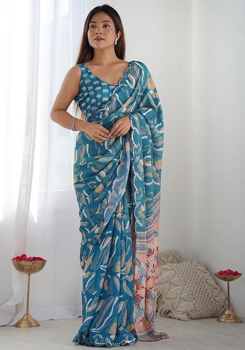 Blue Mirror Work Chinnon Saree Set