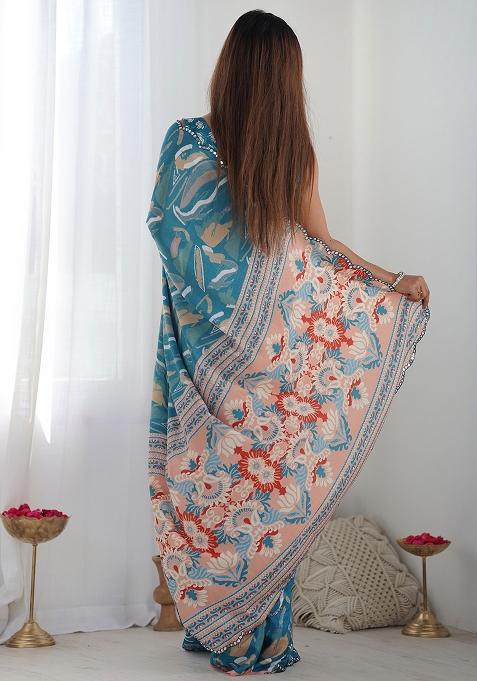 Blue Mirror Work Chinnon Saree Set