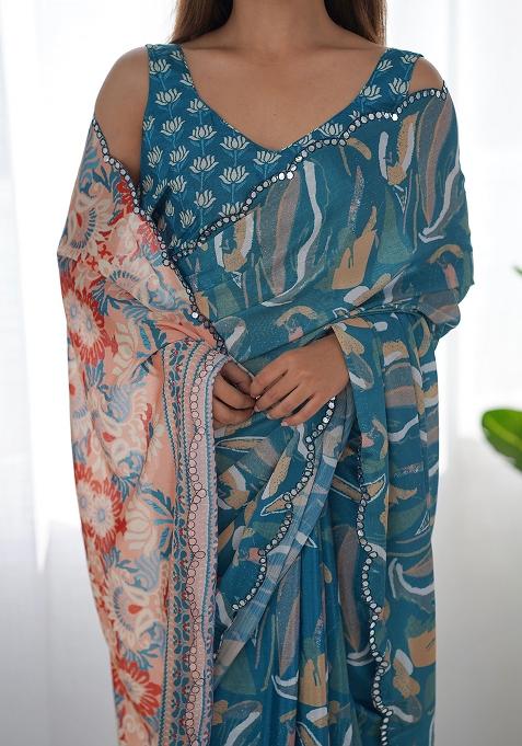 Blue Mirror Work Chinnon Saree Set