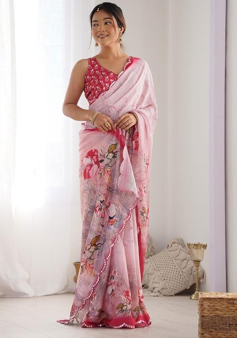 Light Pink Mirror Work Chinnon Saree Set