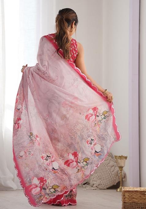 Light Pink Mirror Work Chinnon Saree Set