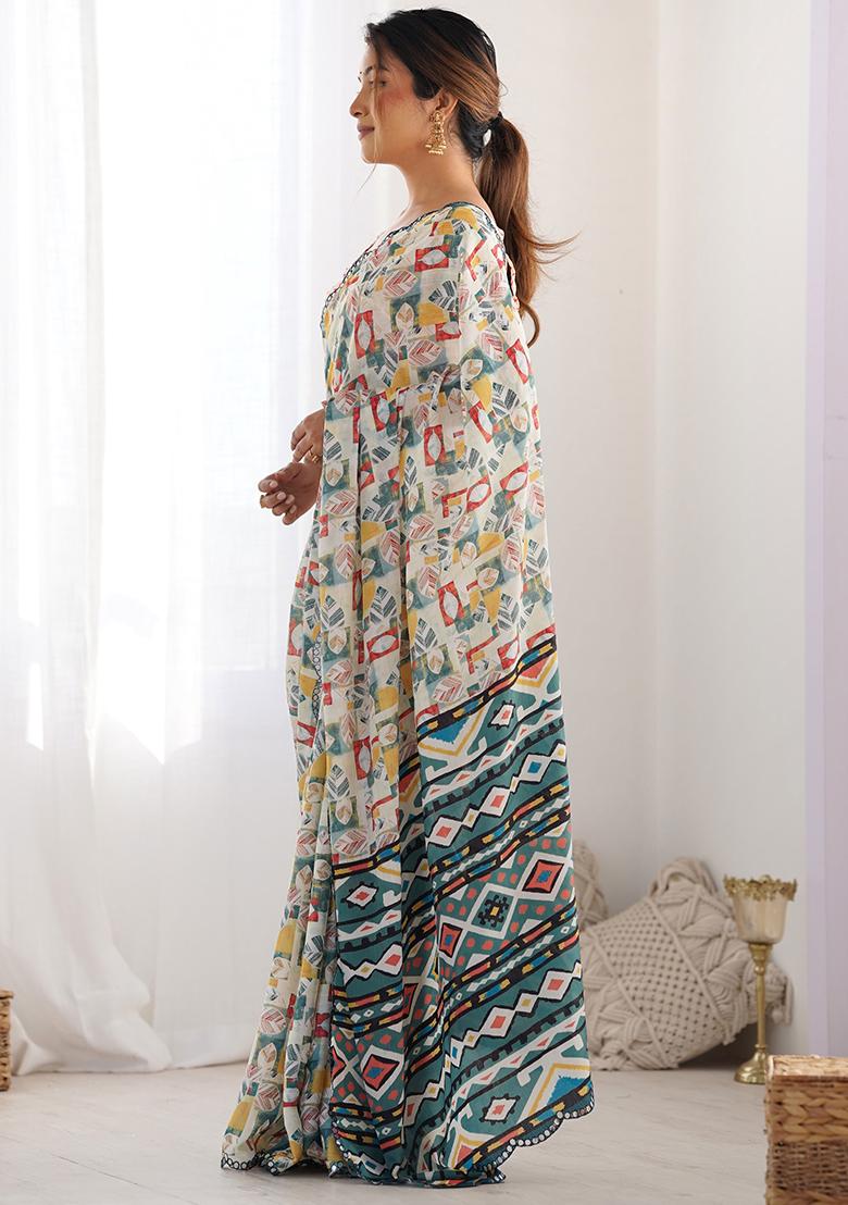 Multi Colour Mirror Work Chinnon Saree Set