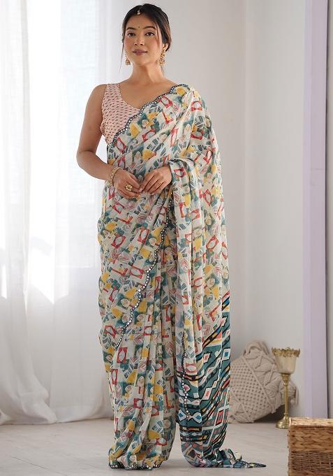 Multi Colour Mirror Work Chinnon Saree Set