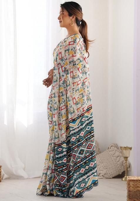 Multi Colour Mirror Work Chinnon Saree Set