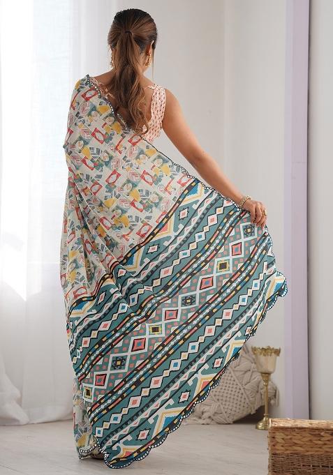 Multi Colour Mirror Work Chinnon Saree Set