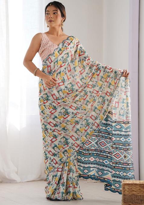 Multi Colour Mirror Work Chinnon Saree Set