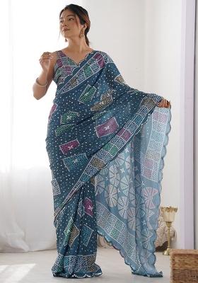 Petrol Blue Mirror Work Chinnon Saree Set