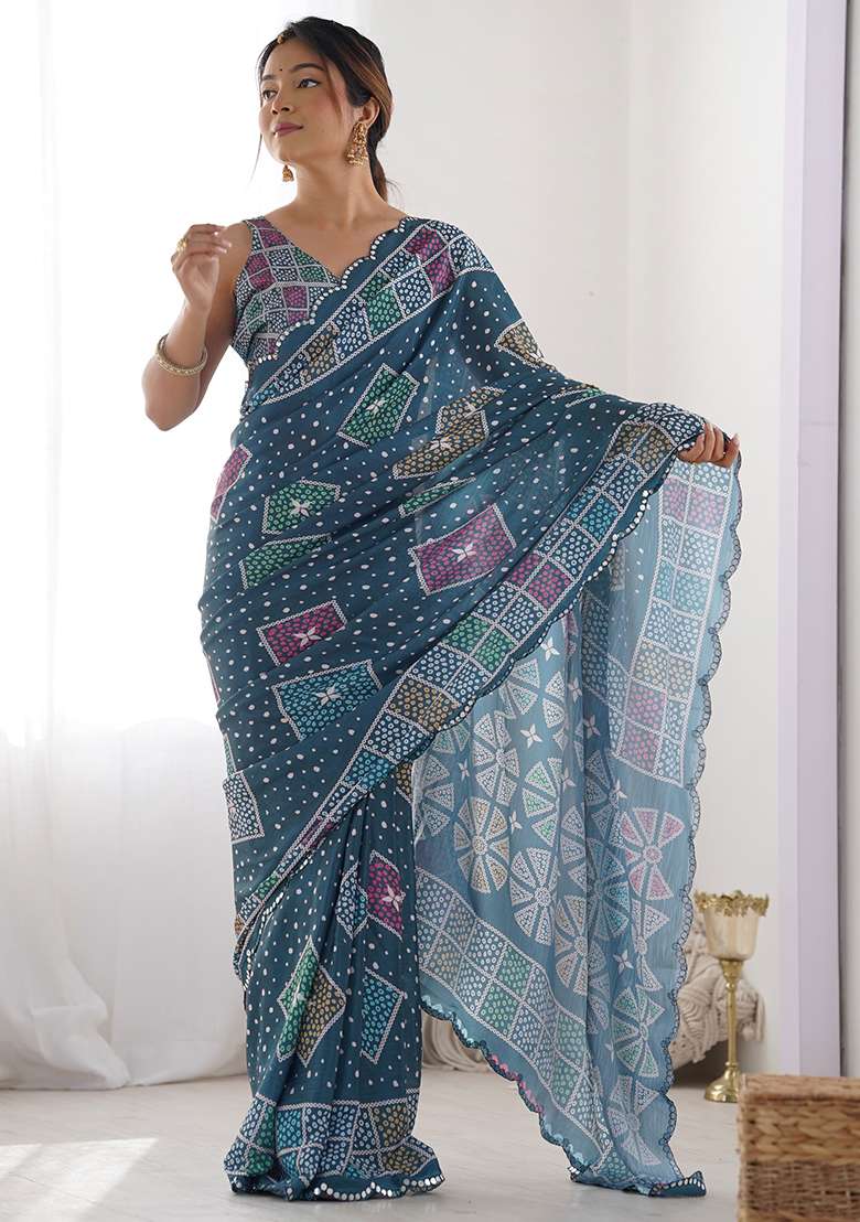 Petrol Blue Mirror Work Chinnon Saree Set for Diwali and Festive Wear - Indya