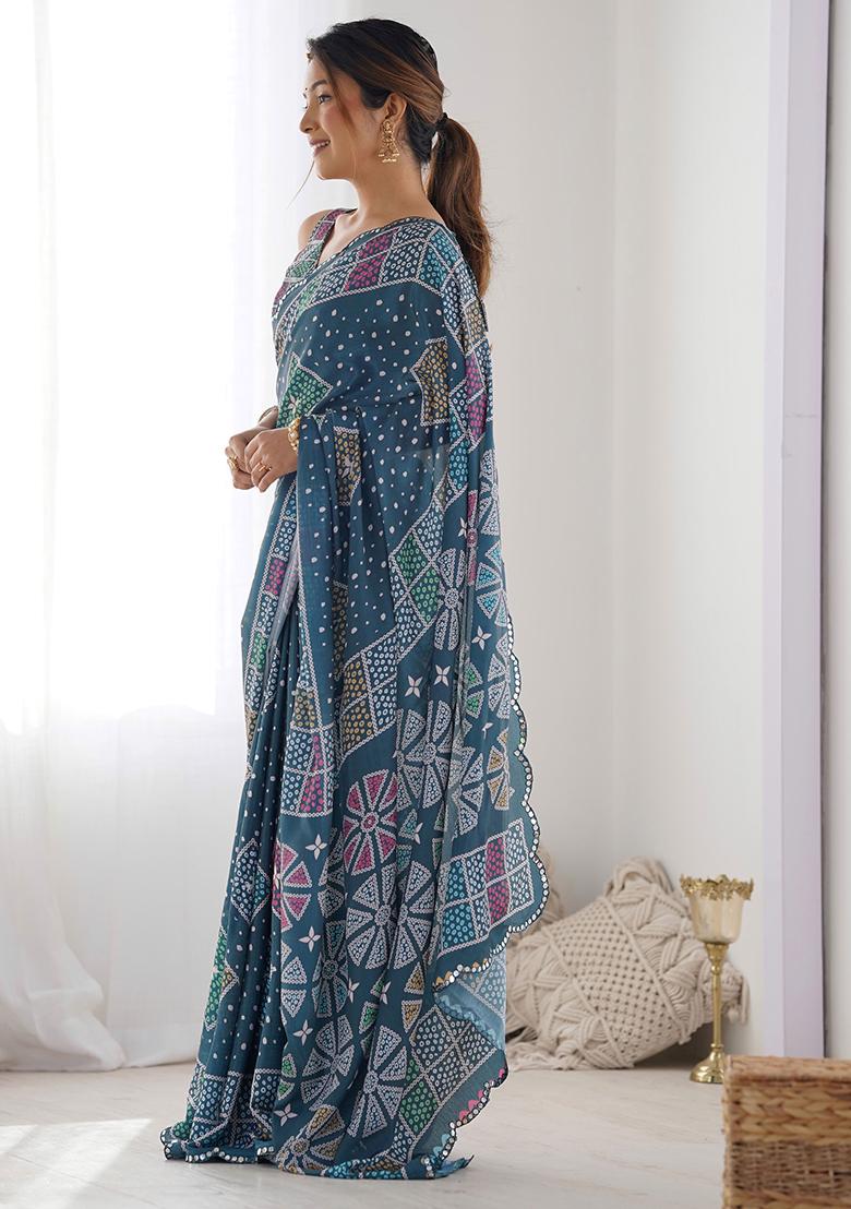 Petrol Blue Mirror Work Chinnon Saree Set