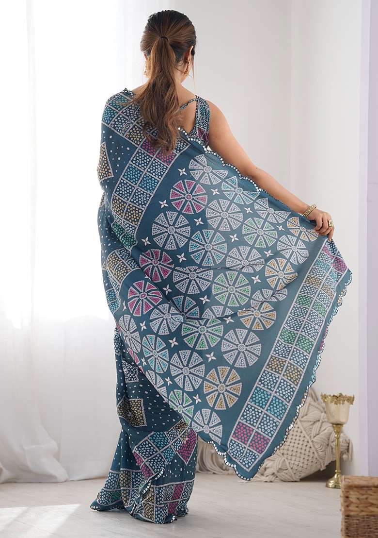 Petrol Blue Mirror Work Chinnon Saree Set for Diwali and Festive Wear - Indya