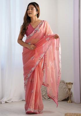 Pink Embroidered Net Saree Set