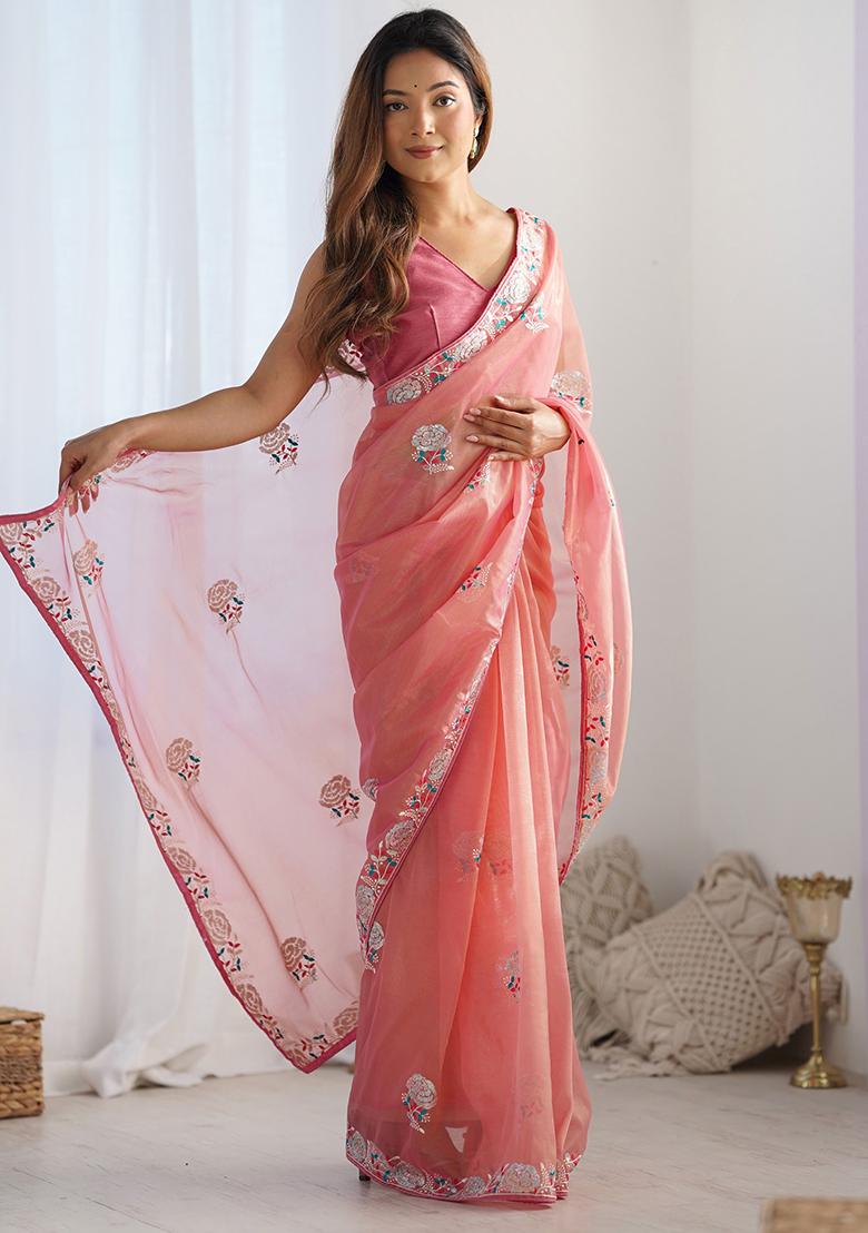 Pink Embroidered Net Saree Set