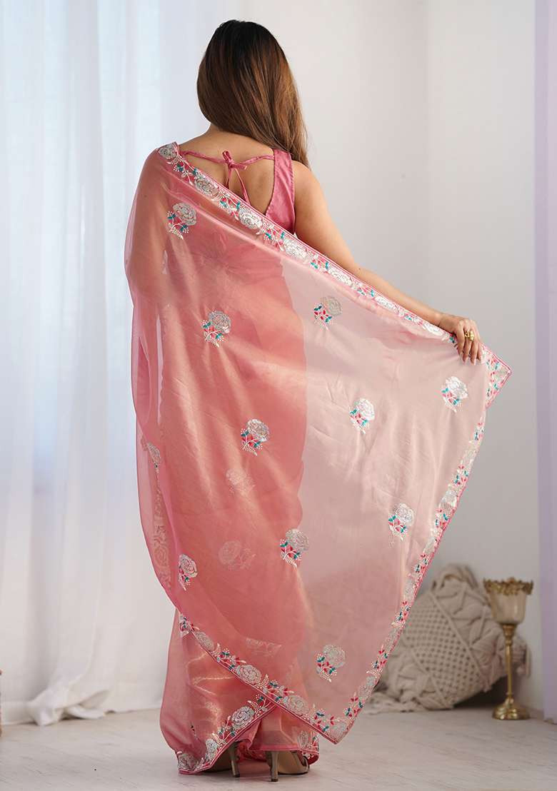 Pink Embroidered Net Saree Set for Diwali and Festive Wear - Indya