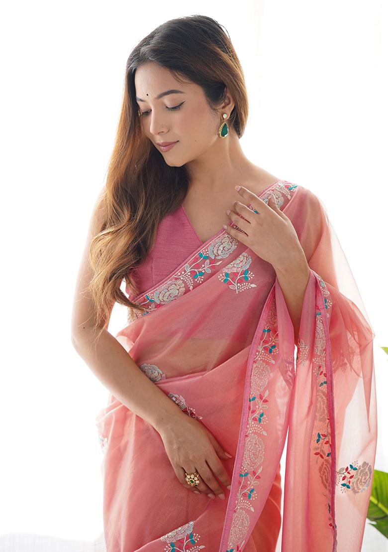 Pink Embroidered Net Saree Set