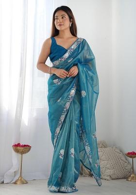 Blue Embroidered Net Saree Set