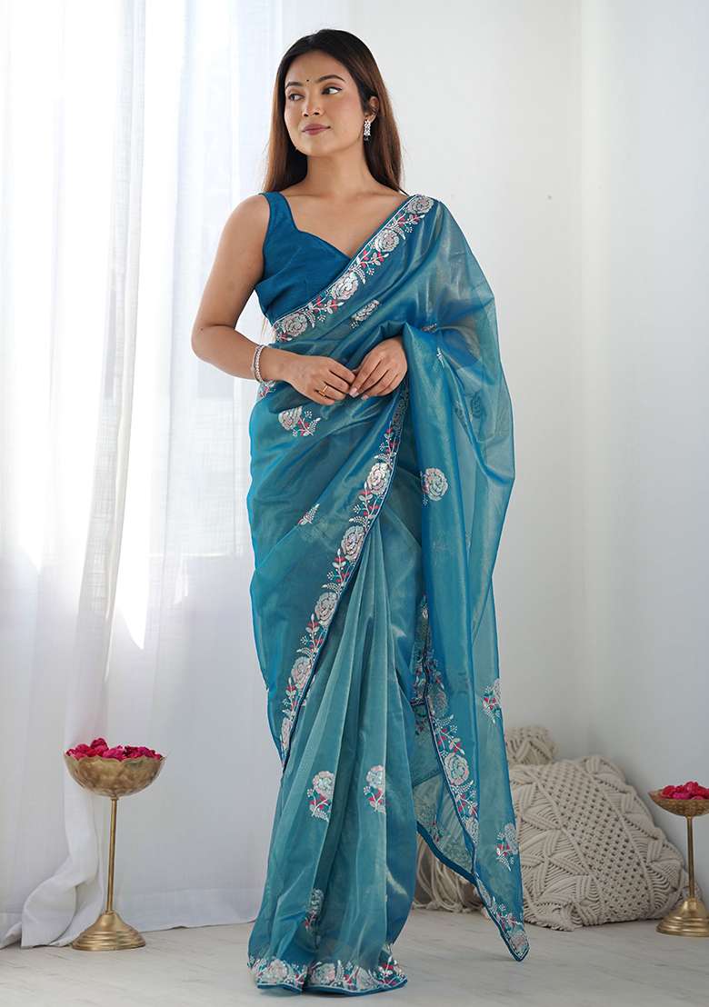 Blue Net Saree Set with Embroidered for Diwali | Wedding & Festive Wear - Indya
