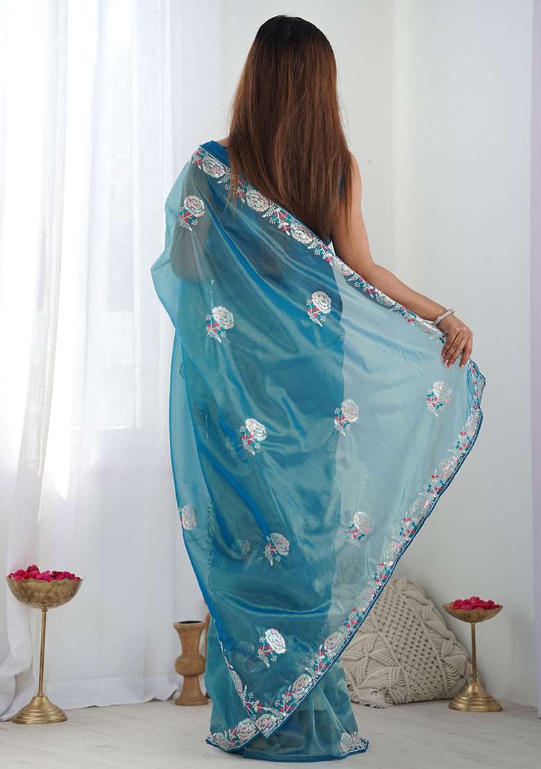 Blue Net Saree Set with Embroidered for Diwali | Wedding & Festive Wear - Indya