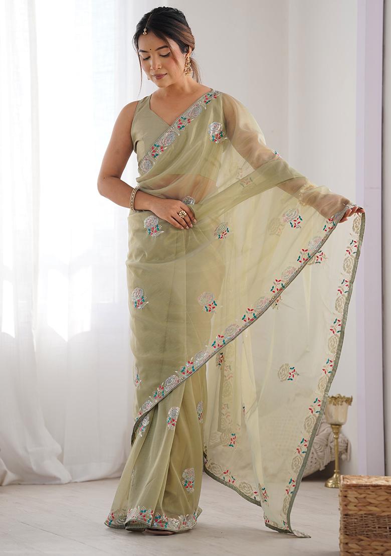Mehendi Green Embroidered Net Saree Set