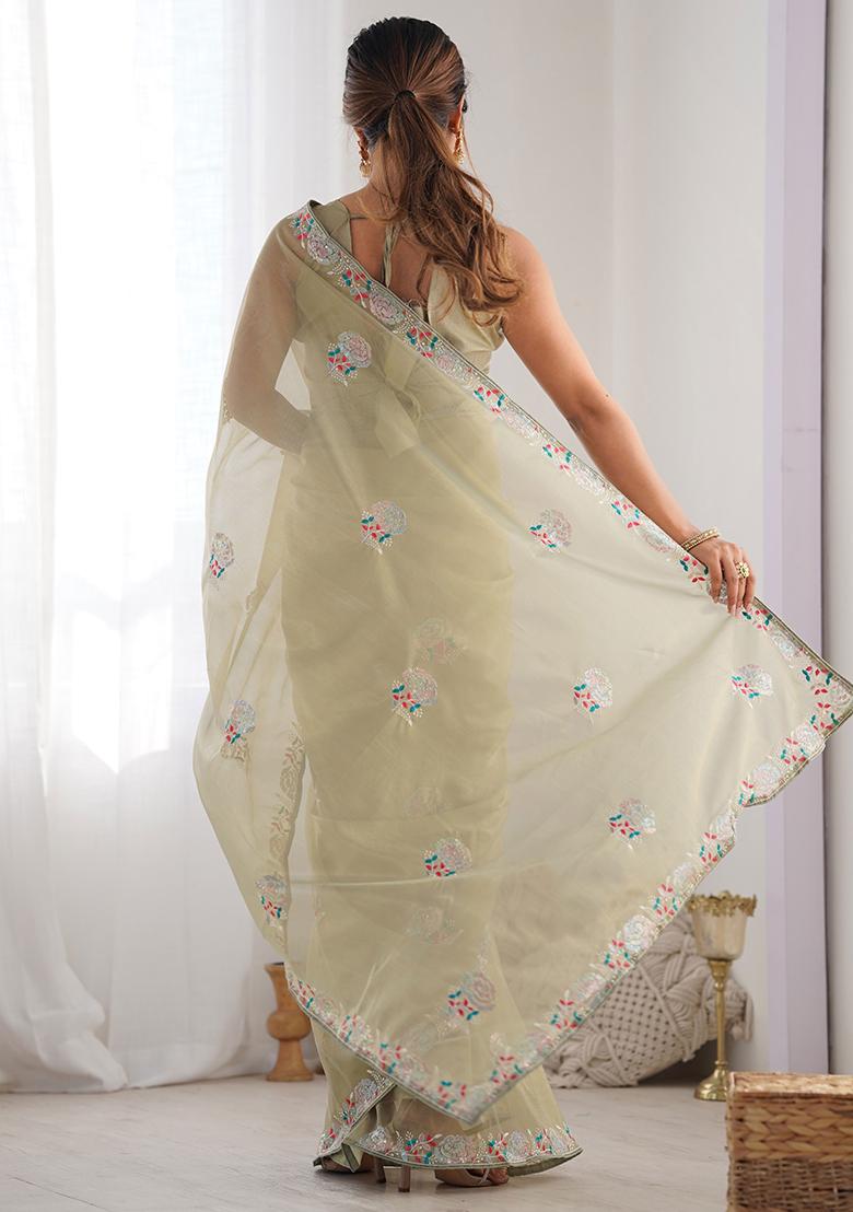 Mehendi Green Embroidered Net Saree Set