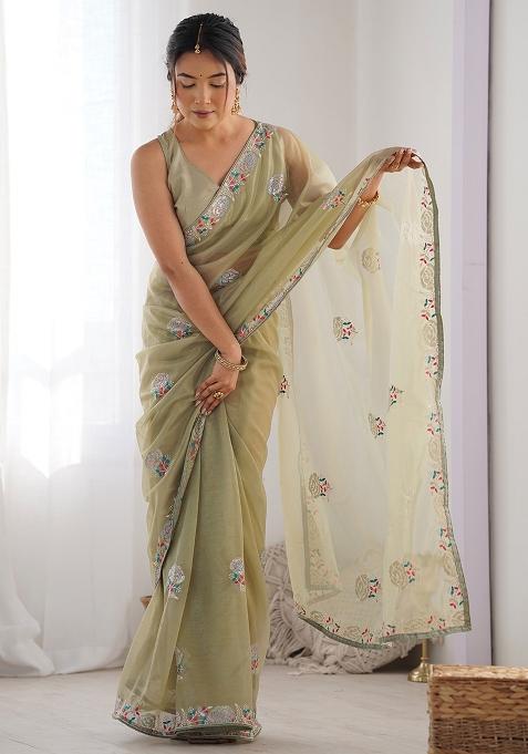 Mehendi Green Embroidered Net Saree Set