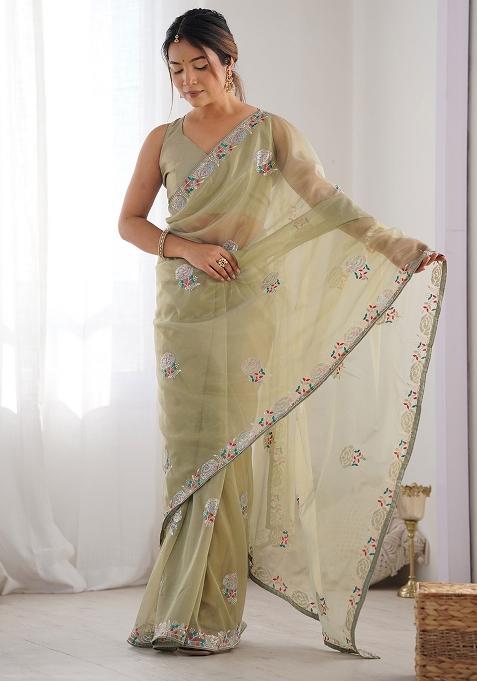 Mehendi Green Embroidered Net Saree Set