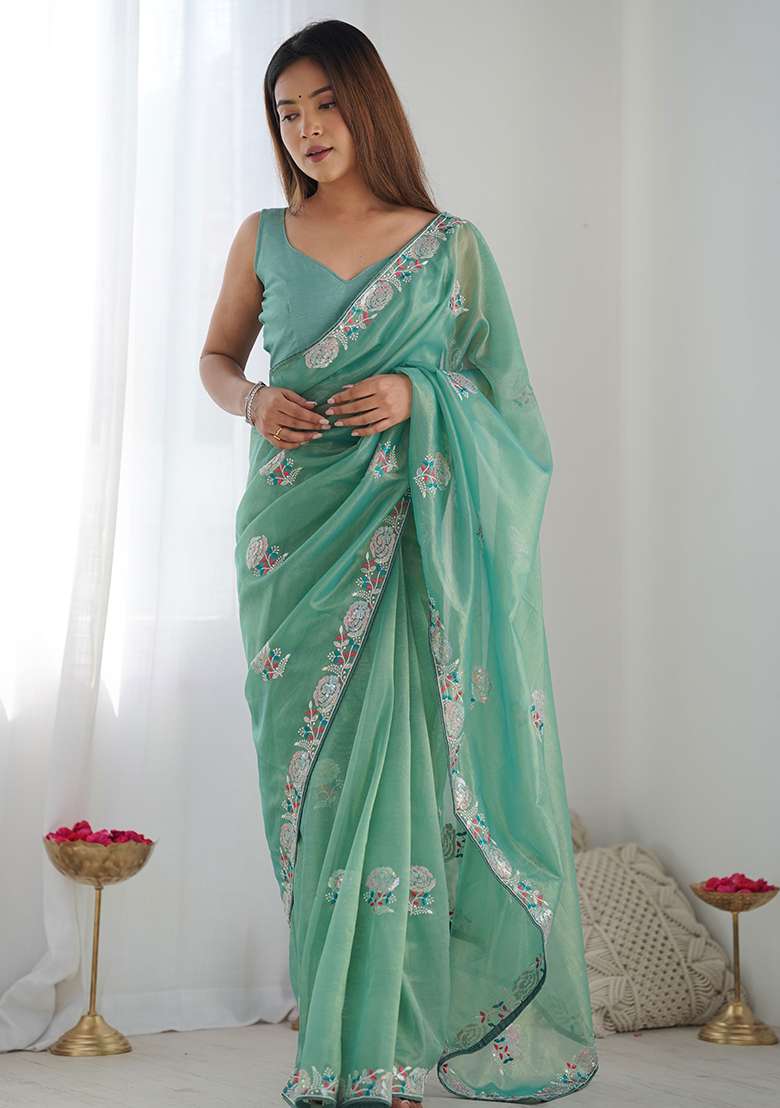 Green Net Saree Set with Embroidered for Diwali | Wedding & Festive Wear - Indya