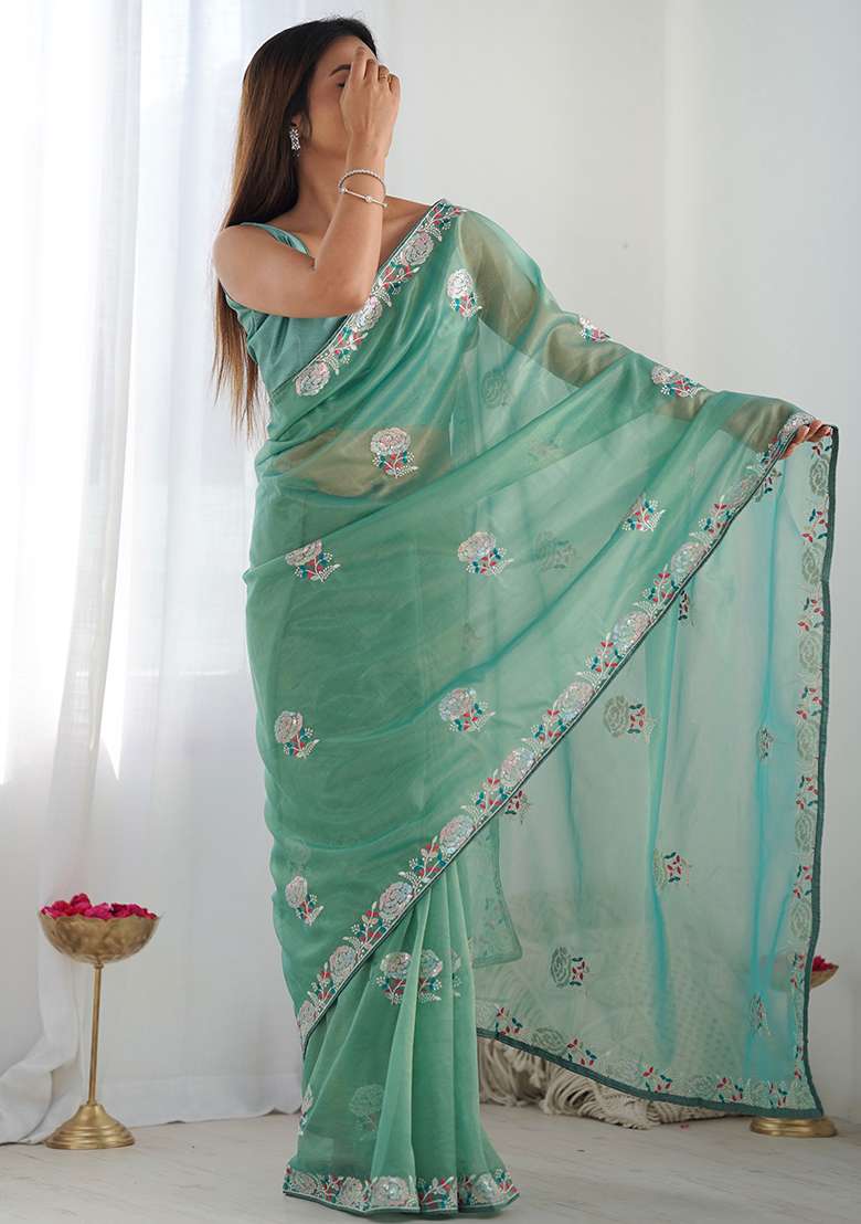 Green Net Saree Set with Embroidered for Diwali | Wedding & Festive Wear - Indya