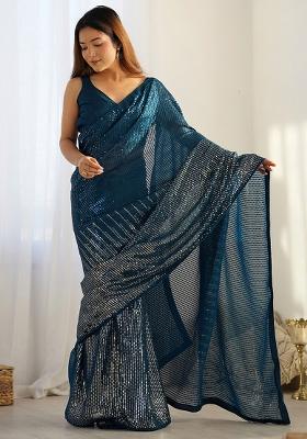 Blue Sequance Georgette Saree Set
