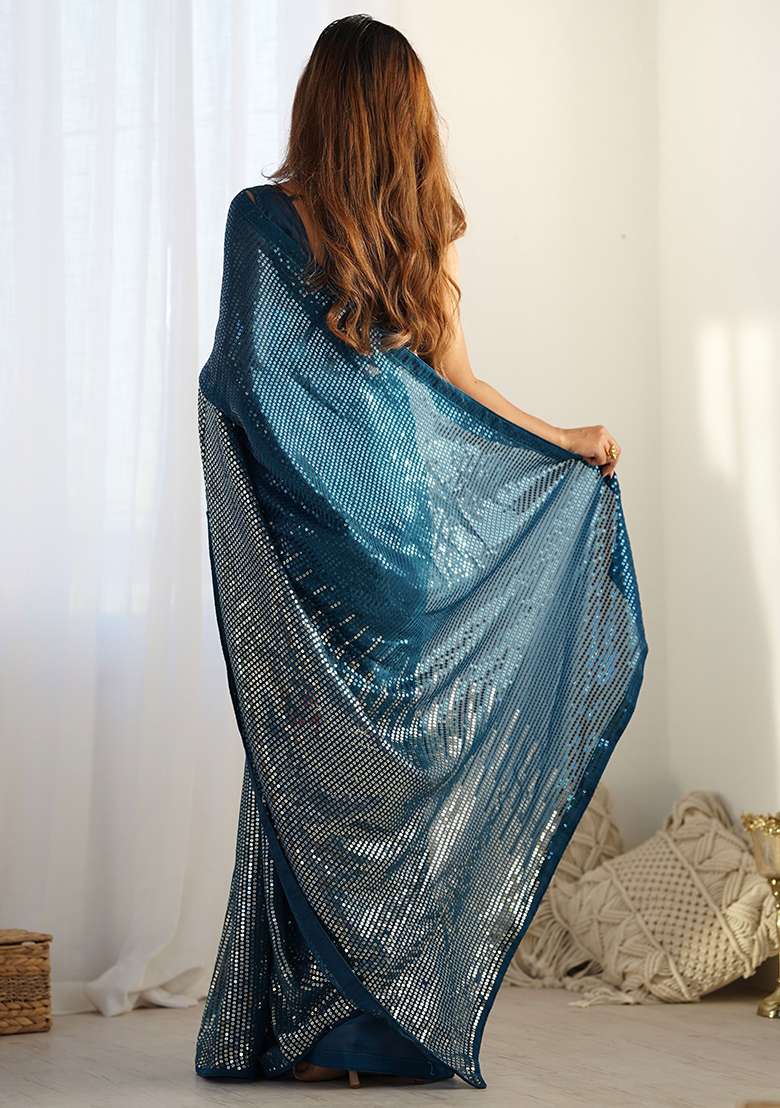 Blue Sequance Georgette Saree Set for Diwali and Festive Wear - Indya