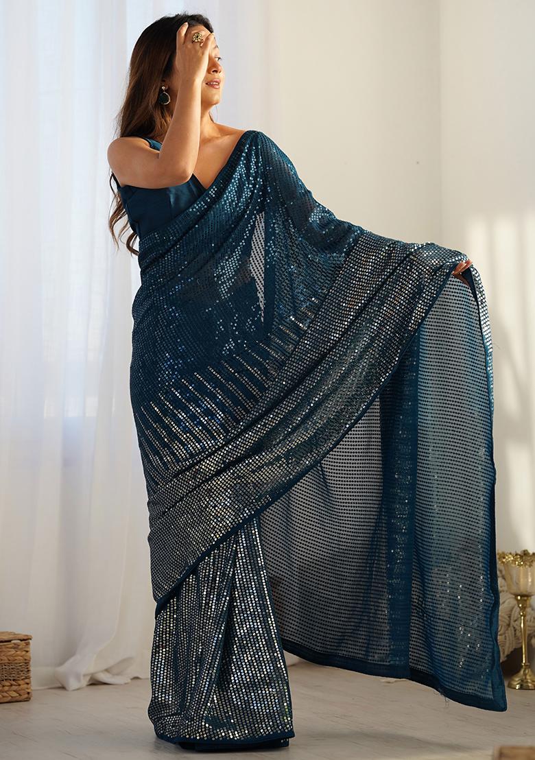 Blue Sequance Georgette Saree Set