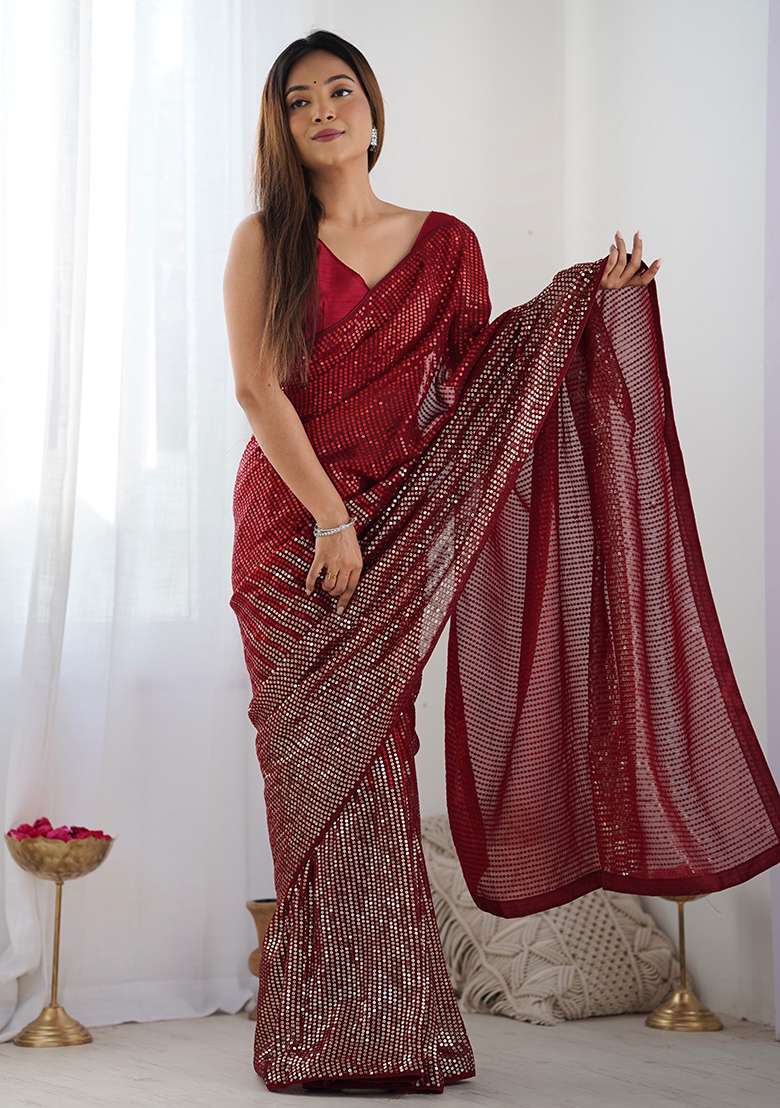 Red Sequance Georgette Saree Set for Diwali and Festive Wear - Indya