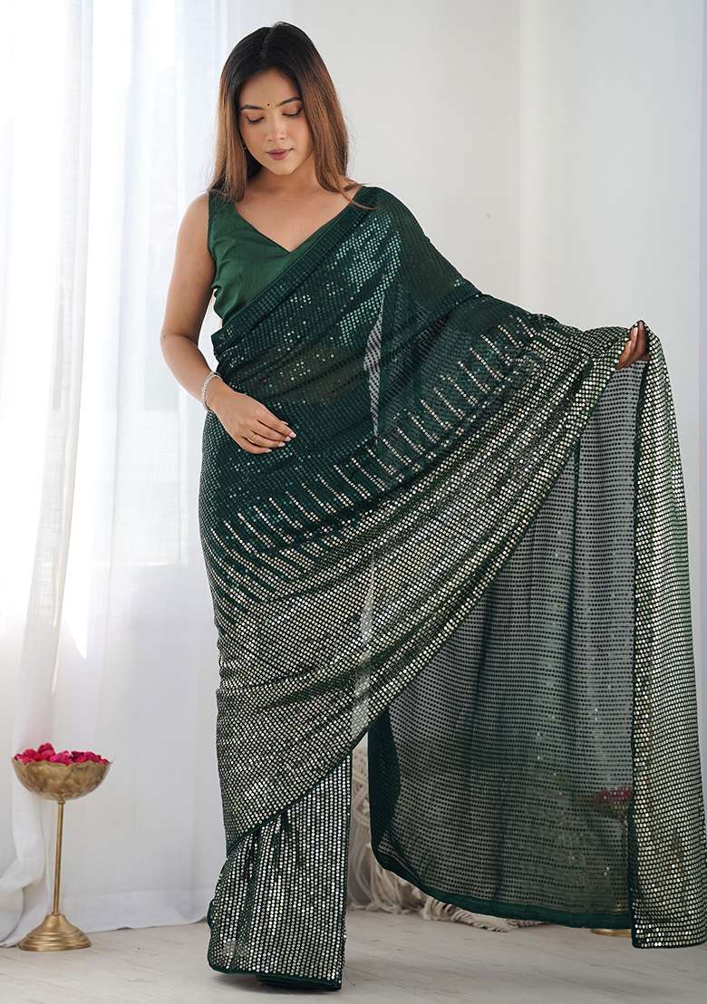 Green Sequance Georgette Saree Set for Diwali and Festive Wear - Indya