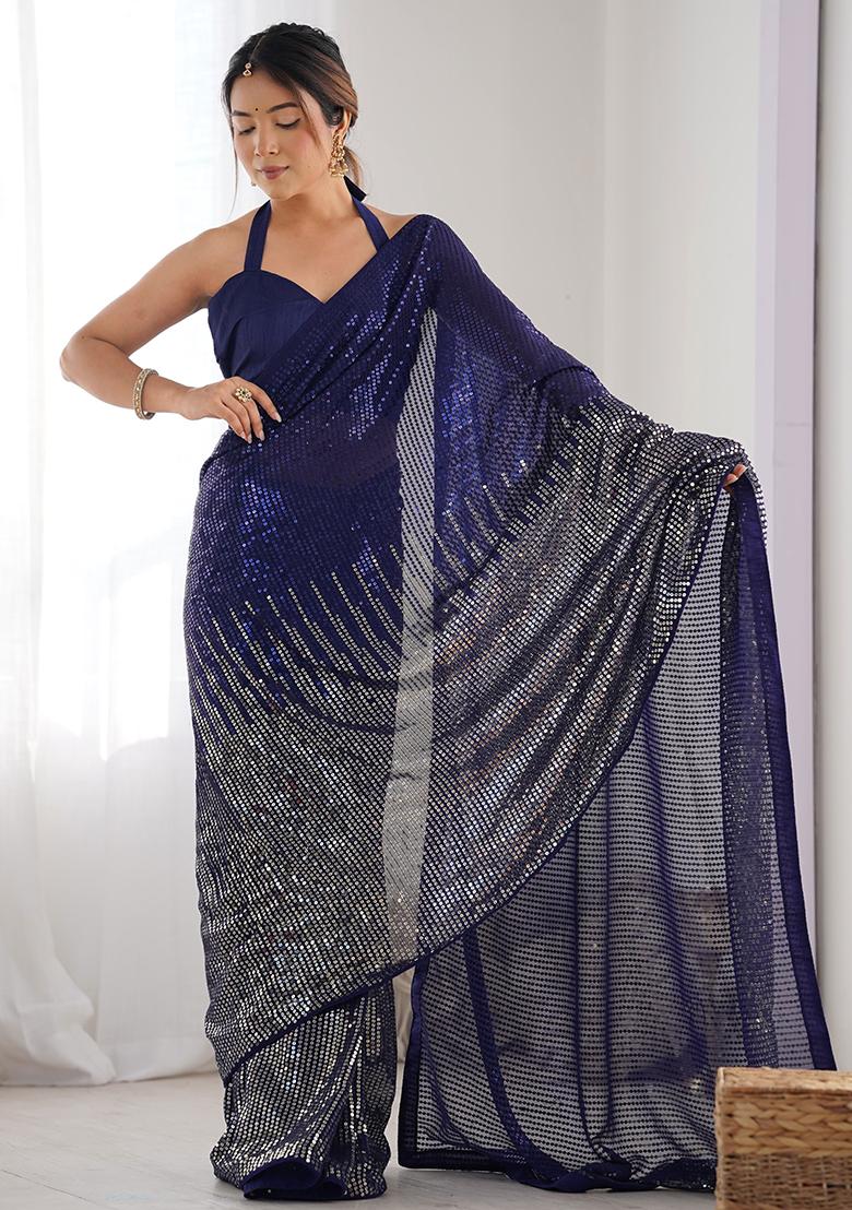 Navy Blue Sequance Georgette Saree Set