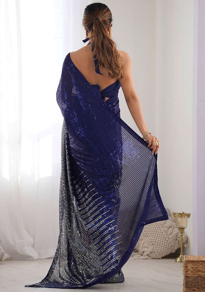 Navy Blue Sequance Georgette Saree Set for Diwali and Festive Wear - Indya