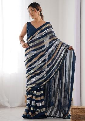 Petrol Blue Sequance Georgette Saree Set