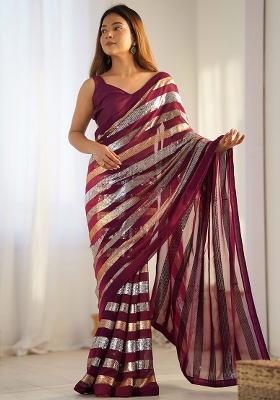 Wine Sequance Georgette Saree Set