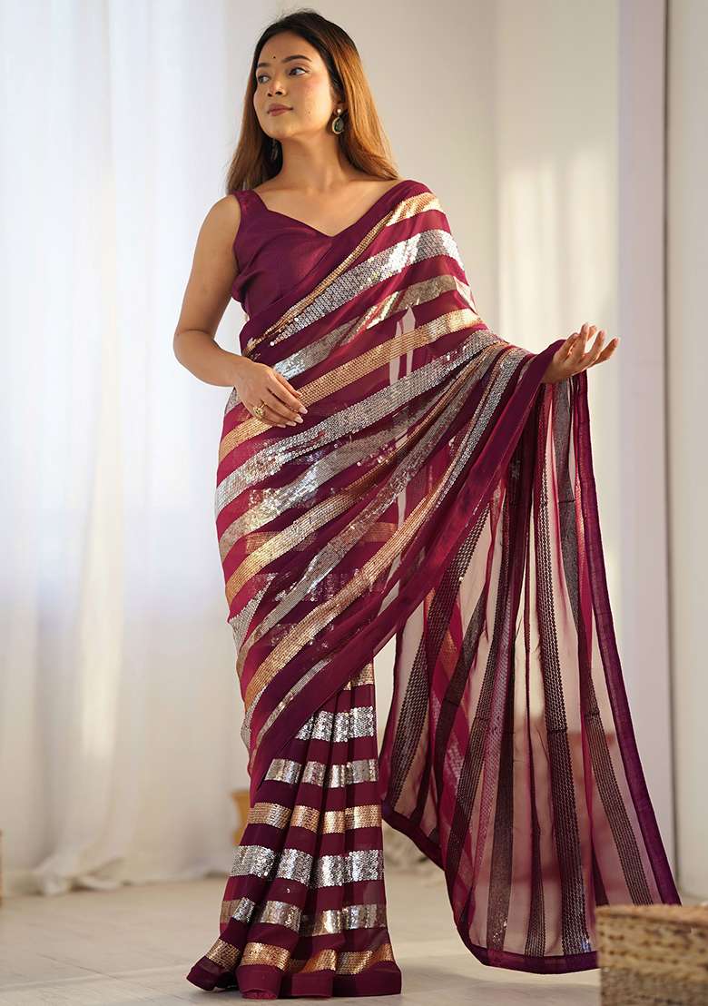 Wine Sequance Georgette Saree Set for Diwali | Wedding & Festive Wear - Indya