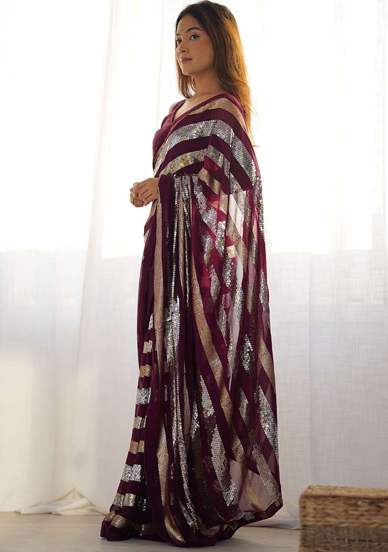 Wine Sequance Georgette Saree Set for Diwali | Wedding & Festive Wear - Indya