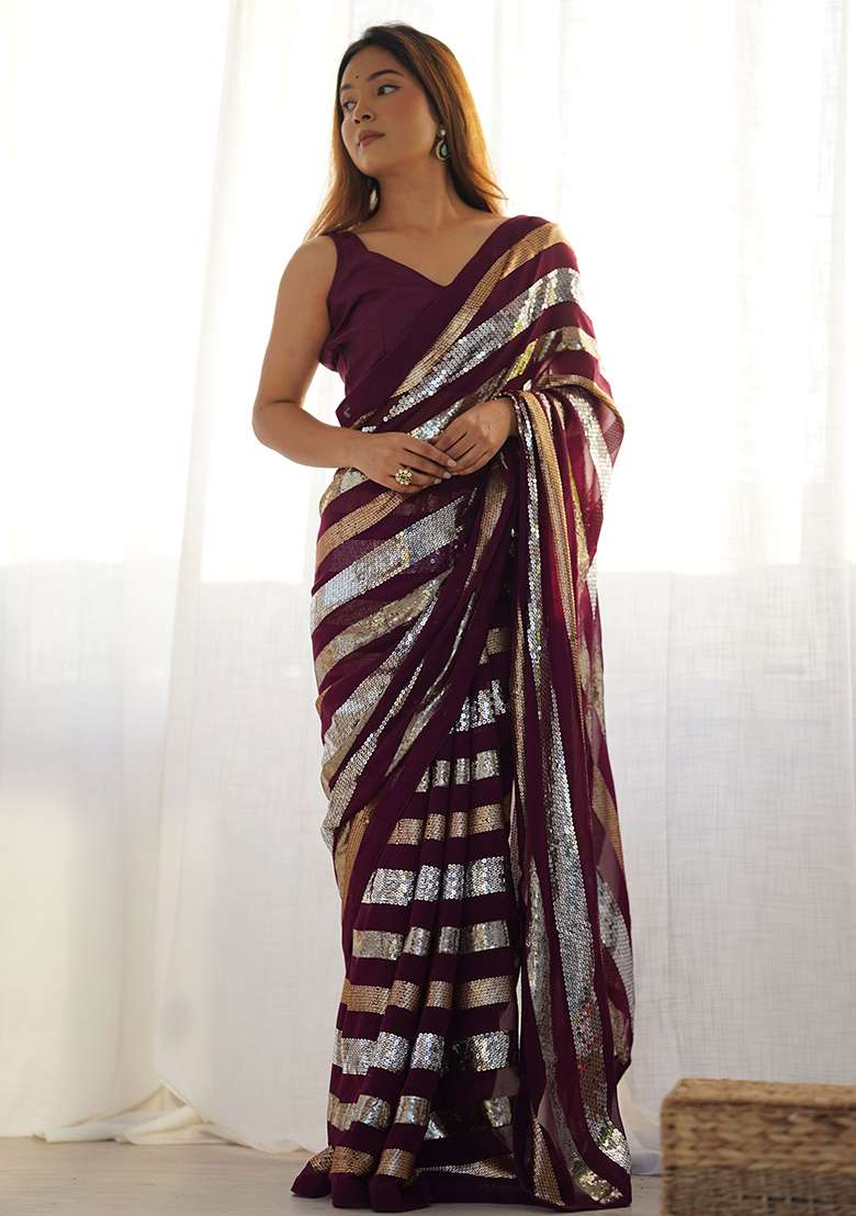 Wine Sequance Georgette Saree Set for Diwali | Wedding & Festive Wear - Indya