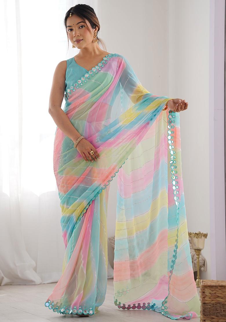 Multi Colour Mirror Work Georgette Saree Set