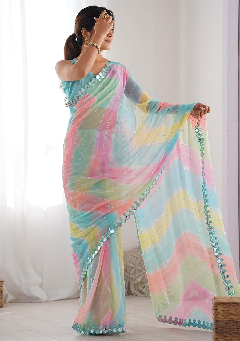 Multi Colour Mirror Work Georgette Saree Set